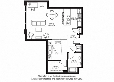 Floor plan for studio, 1 bath, 853 sqft